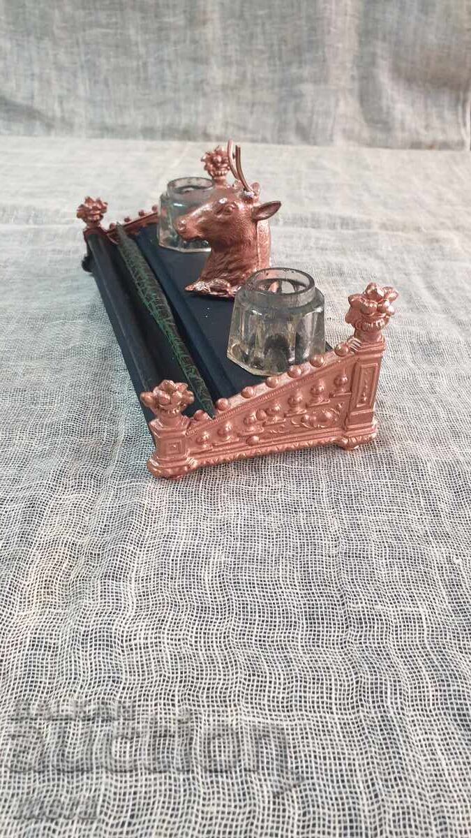 Old antique inkwell made of metal, wood and crystal - 5