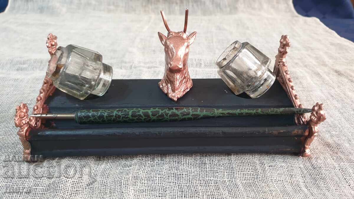 Old antique inkwell made of metal, wood and crystal - 6