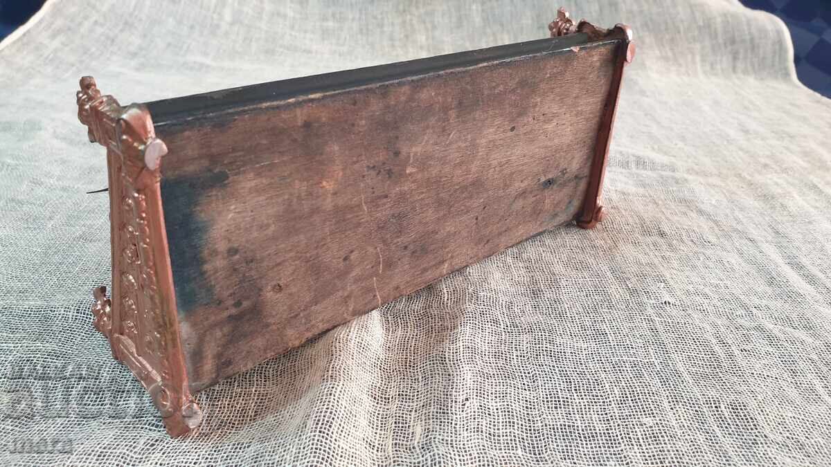 Old antique inkwell made of metal, wood and crystal - 7