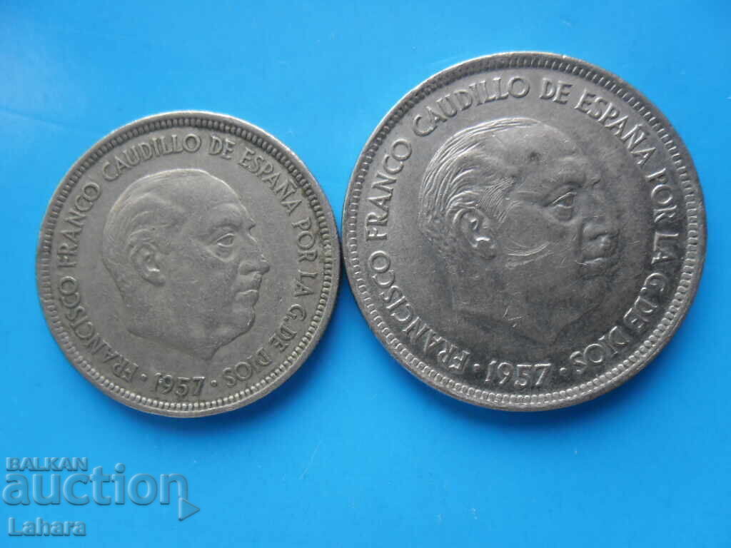 5 și 25 de pesete din 1957, Spania cu preț € 0.51 | 1.00 BGN 5 și 25 de pesete din 1957, Spania cu preț € 0.51 | 1.00 BGN