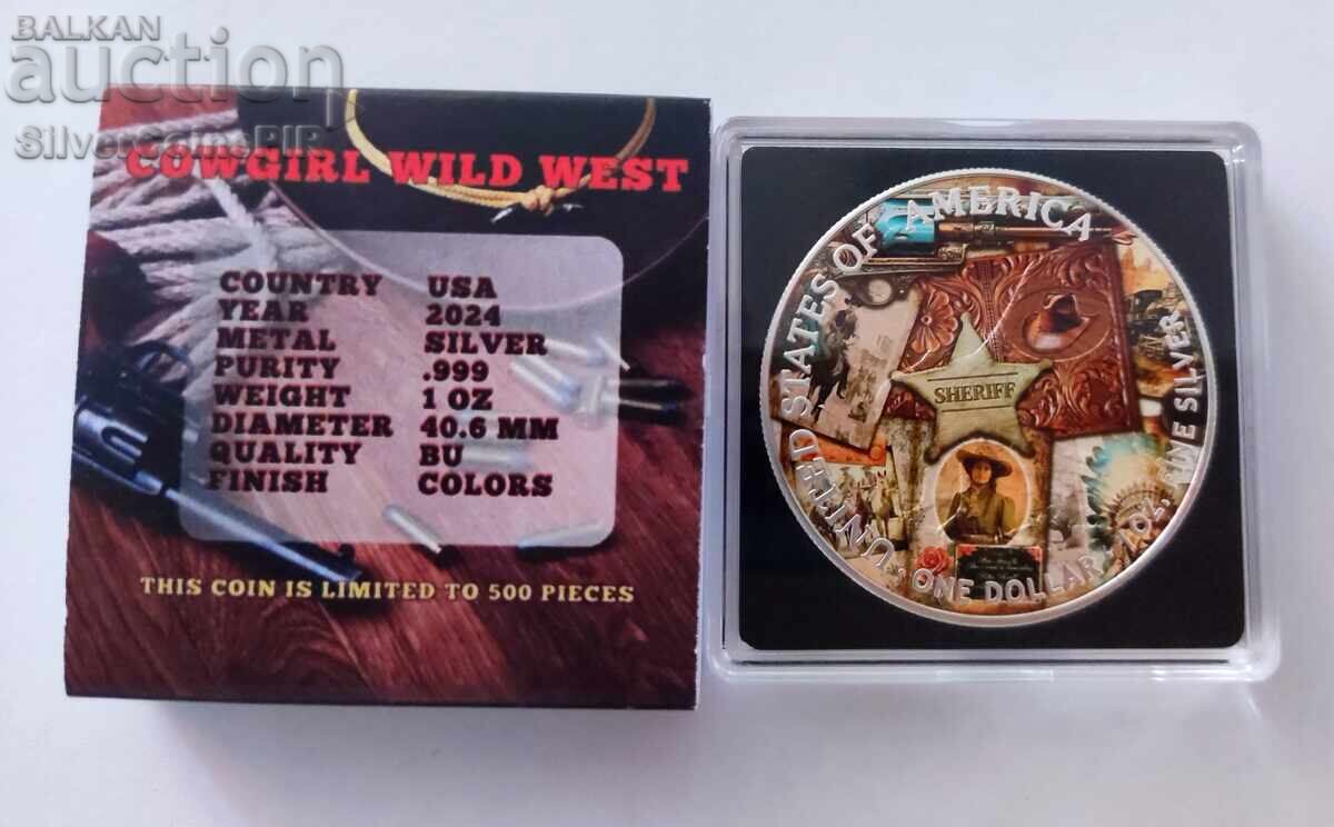 Silver 1$ Cowgirl from the Wild West 2024 USA with price 190.00 BGN | € 97.15 Silver 1$ Cowgirl from the Wild West 2024 USA with price 190.00 BGN | € 97.15