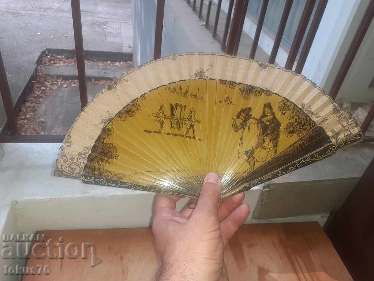 Παλιό γυναικείο βεντάλι 19ου αιώνα, ξύλο και μετάξι, χειροποίητο ζωγραφισμένο