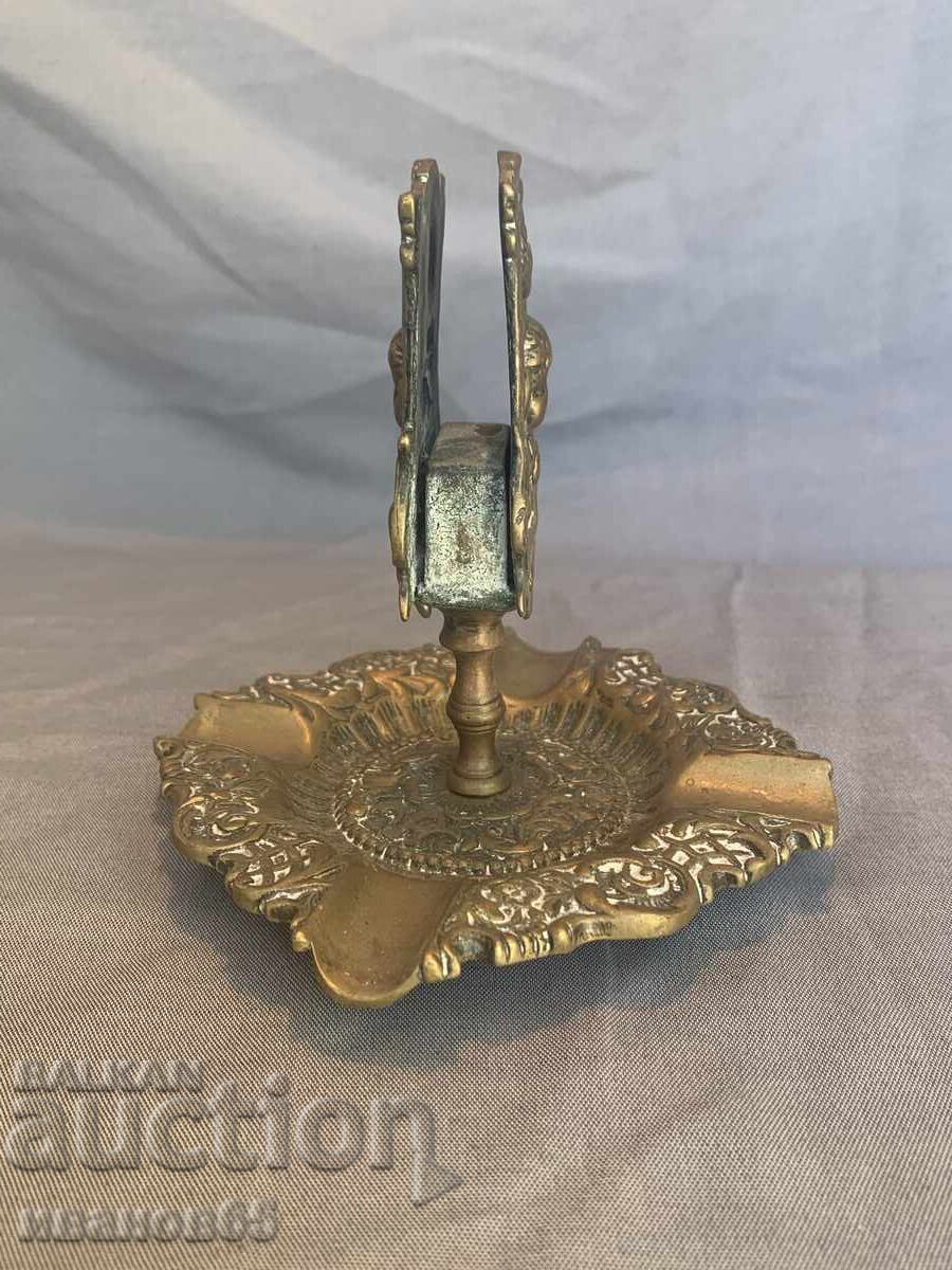 Auction Brass ashtray with matchbox holder with decoration Auction Brass ashtray with matchbox holder with decoration