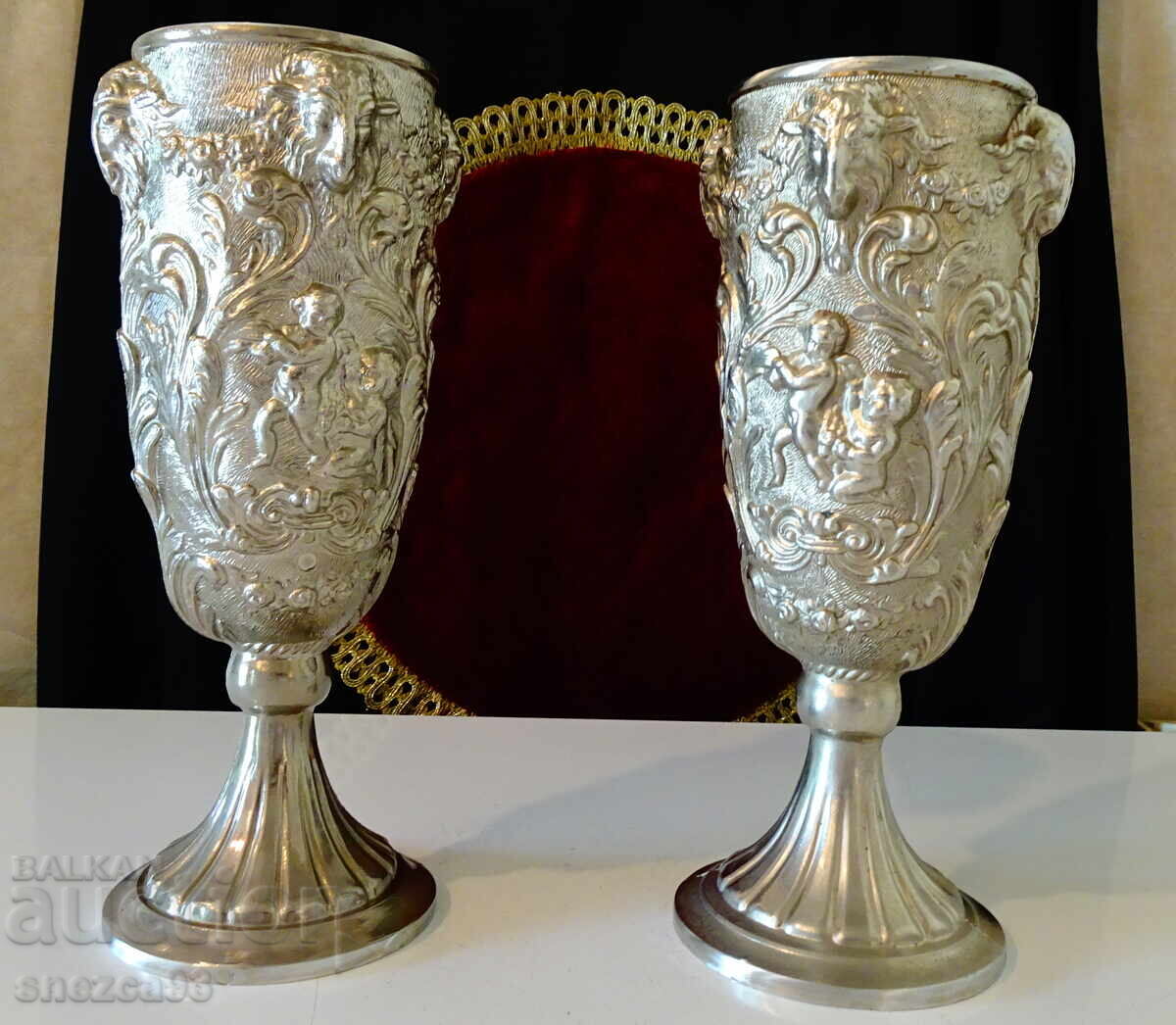Δύο ποτήρια από κασσίτερο για κρασί, κεφαλή Κριού, Άγγελοι, μπαρόκ - 6