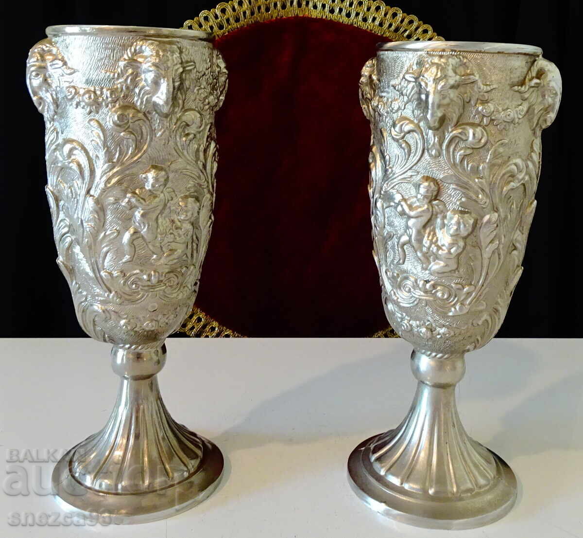 Δύο ποτήρια από κασσίτερο για κρασί, κεφαλή Κριού, Άγγελοι, μπαρόκ - 7