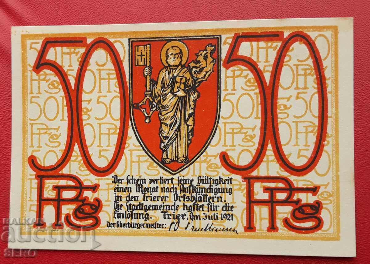 Банкнота-Германия-Рейланд-Пфалц-Трир-50 пфенига 1921 с цена 2.50 лв. | € 1.28