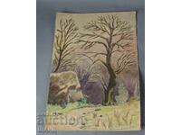 Стара Майсторска рисунка картина акварел ранна пролет подпис