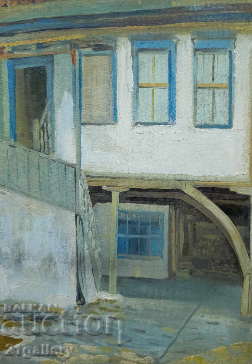 Old oil painting, rural landscape with a house