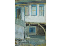 Old oil painting, rural landscape with a house