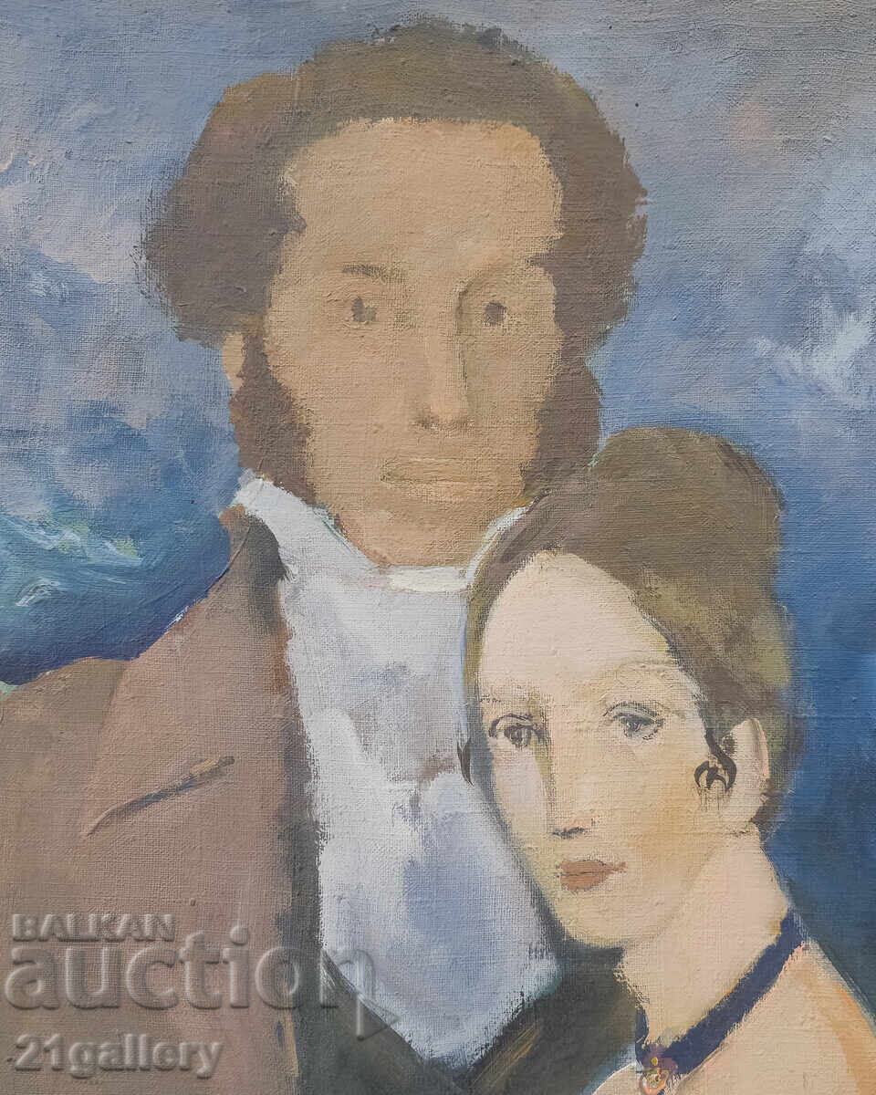 Съвременна картина портрет на Александър Пушкин и дама с цена 400.00 лв. | € 204.52 Съвременна картина портрет на Александър Пушкин и дама с цена 400.00 лв. | € 204.52