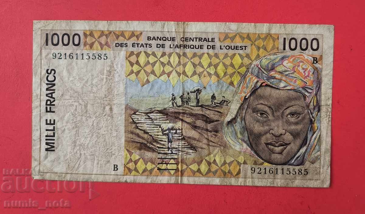 1000 франка 1992 Западно Африкански щати Бенин 1000 франка 1992 Западно Африкански щати Бенин