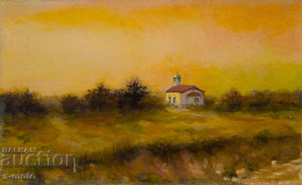 Картина маслени бои пейзаж с църква