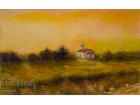 Tablou ulei pe pânză peisaj cu biserică