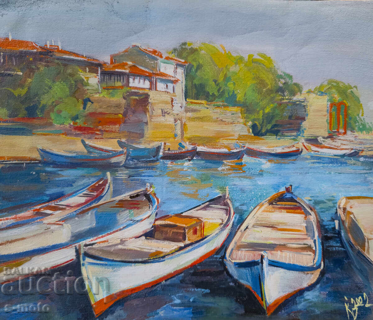 Krasimir Doĭchev tablou ulei bărci peisaj cu preț 300.00 BGN | € 153.39 Krasimir Doĭchev tablou ulei bărci peisaj cu preț 300.00 BGN | € 153.39