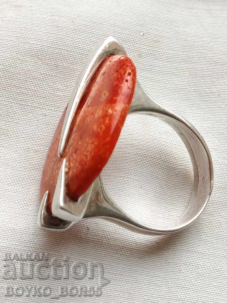 Unique Silver Designer Women's Ring with Red Coral - 5