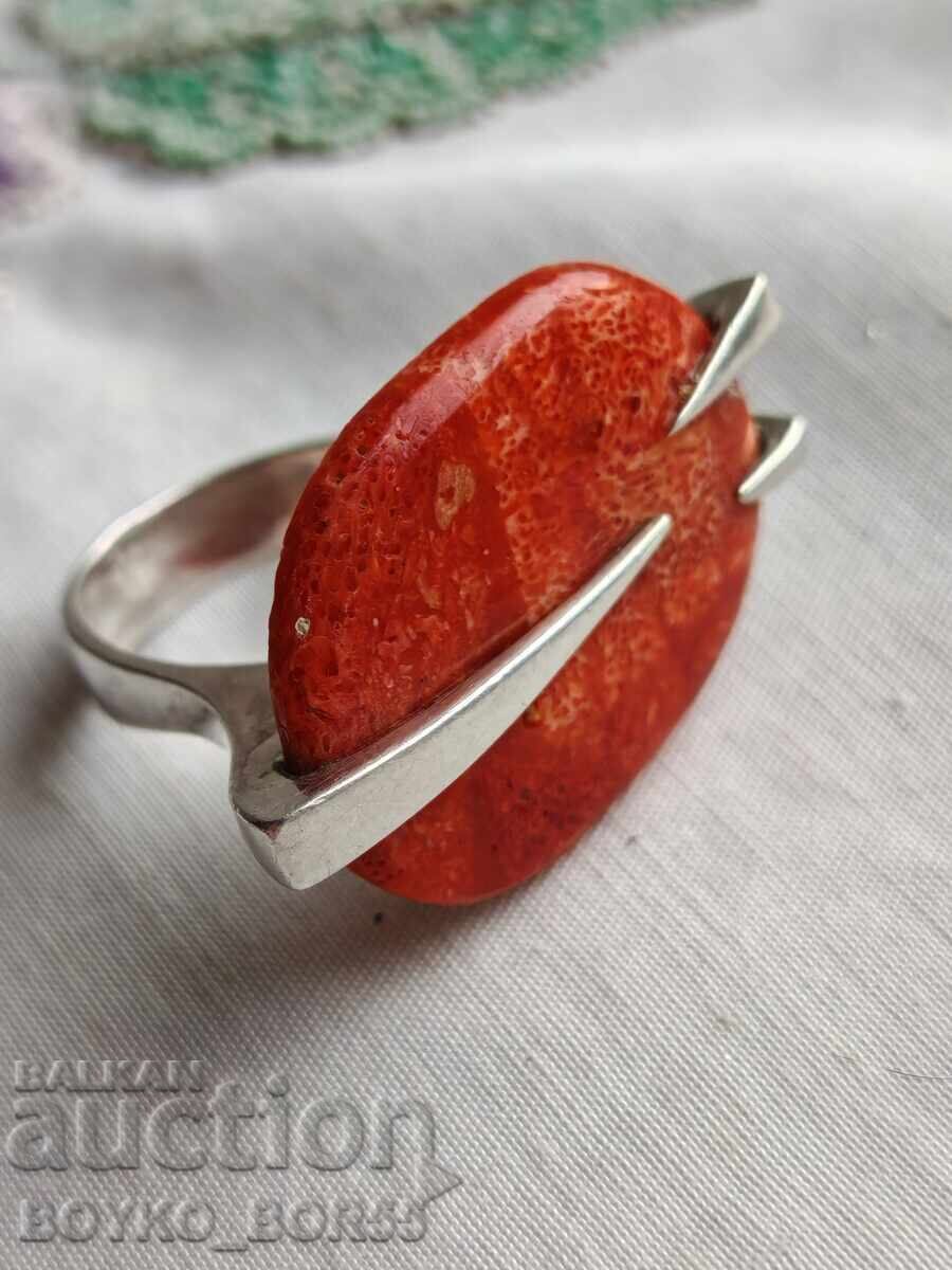 Unique Silver Designer Women's Ring with Red Coral