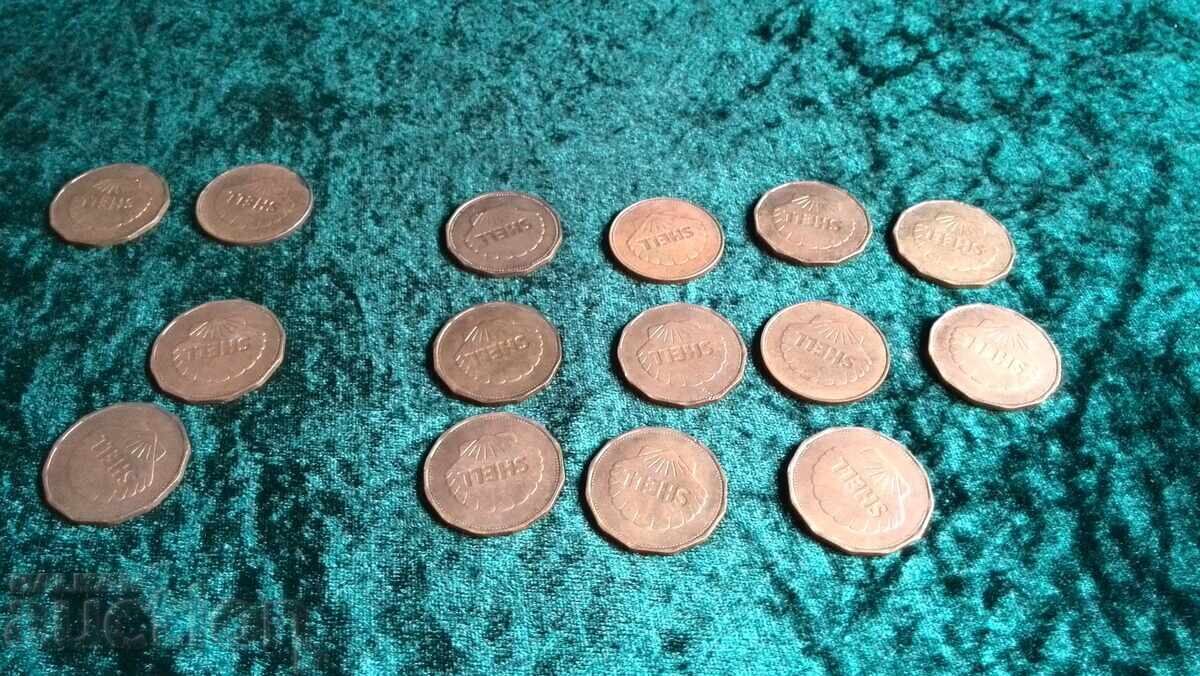 Vintage SHELL tokens. Metal fuel tokens. Collection. Mo - 6