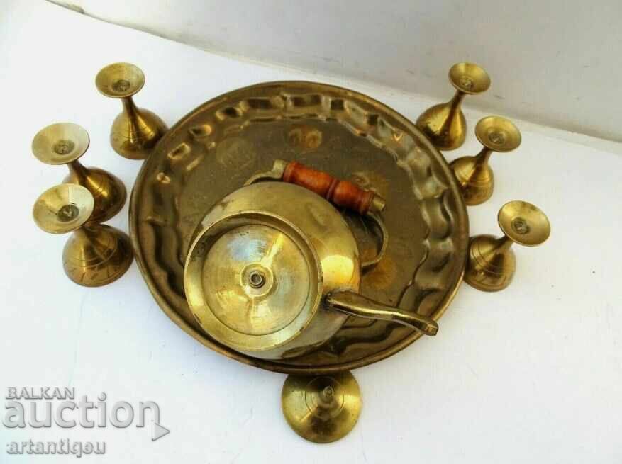 Set of antique bronze and brass - cups, teapot and tray with price 50.00 BGN | € 25.56