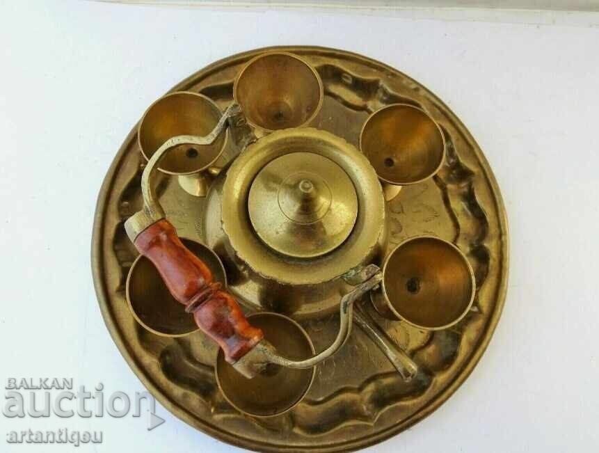 Auction  Set of antique bronze and brass - cups, teapot and tray