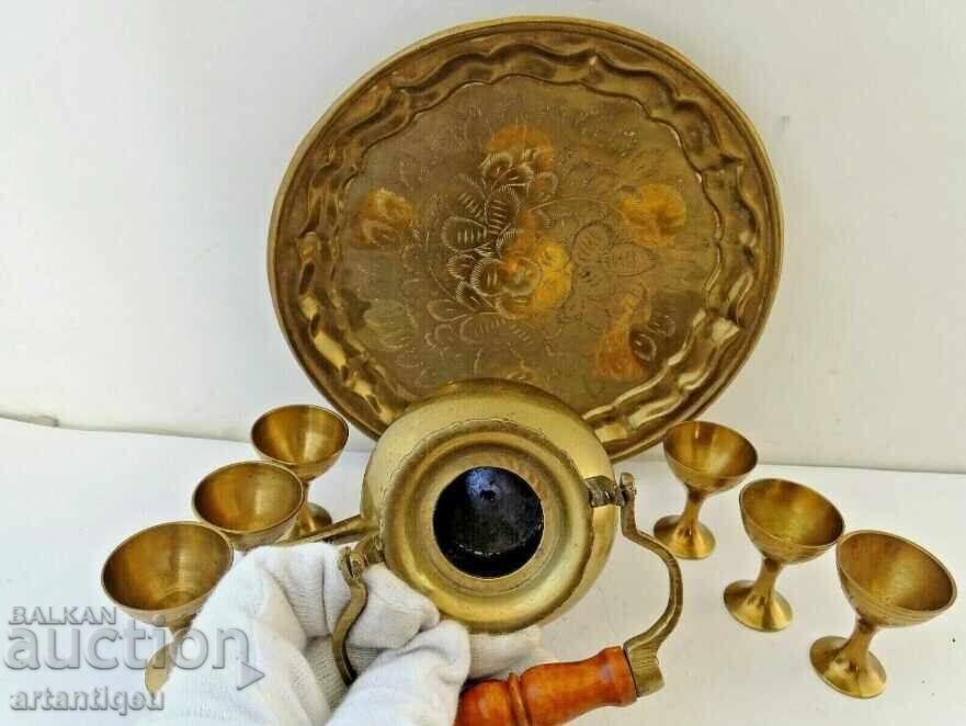 Set of antique bronze and brass - cups, teapot and tray - 6