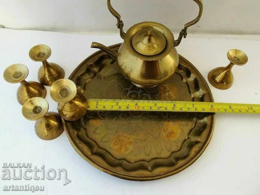 Set of antique bronze and brass - cups, teapot and tray - 7