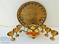 Set antic din bronz și alamă - cești, ceainic și tavă