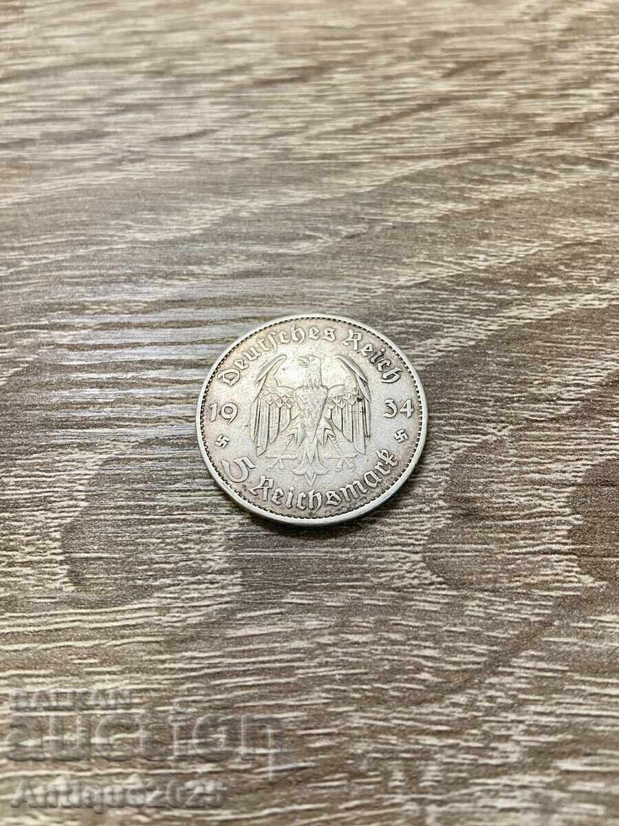 Монета 5 райхсмарки 1934 г., Германия (Трети райх), сребро с цена 45.00 лв. | € 23.01 Монета 5 райхсмарки 1934 г., Германия (Трети райх), сребро с цена 45.00 лв. | € 23.01