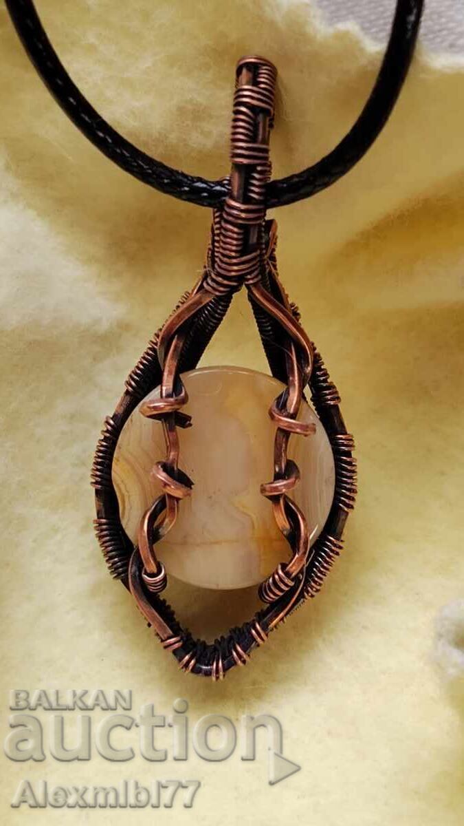 Natural agate stone jewelry pendant for the neck wrapped with copper wire - 5