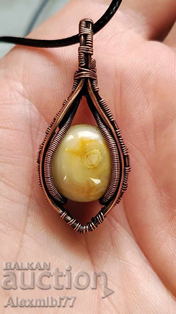 Natural agate stone jewelry pendant for the neck wrapped with copper wire