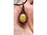 Natural agate stone jewelry pendant for the neck wrapped with copper wire