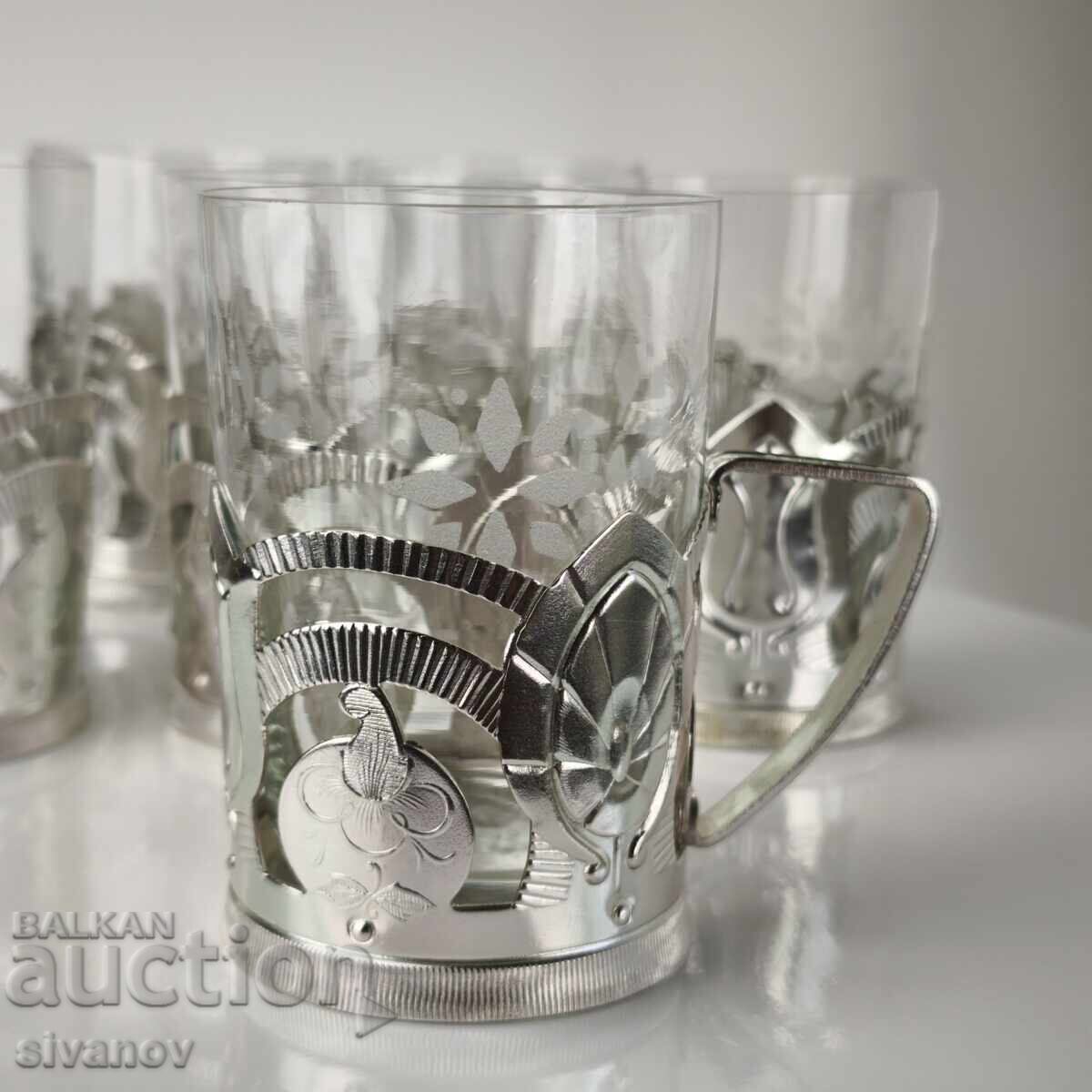 Auction  Starter set of 6 coasters with glasses service USSR #6146