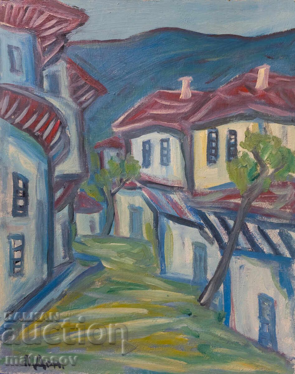 Oil painting, Landscape with Revival houses