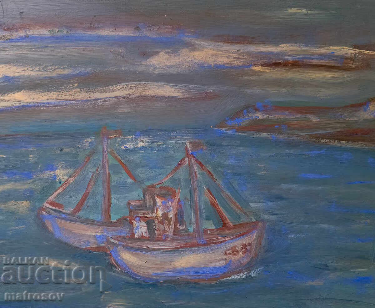 Painting, oil paints, seascape with boats - 6