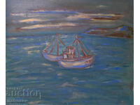 Painting, oil paints, seascape with boats