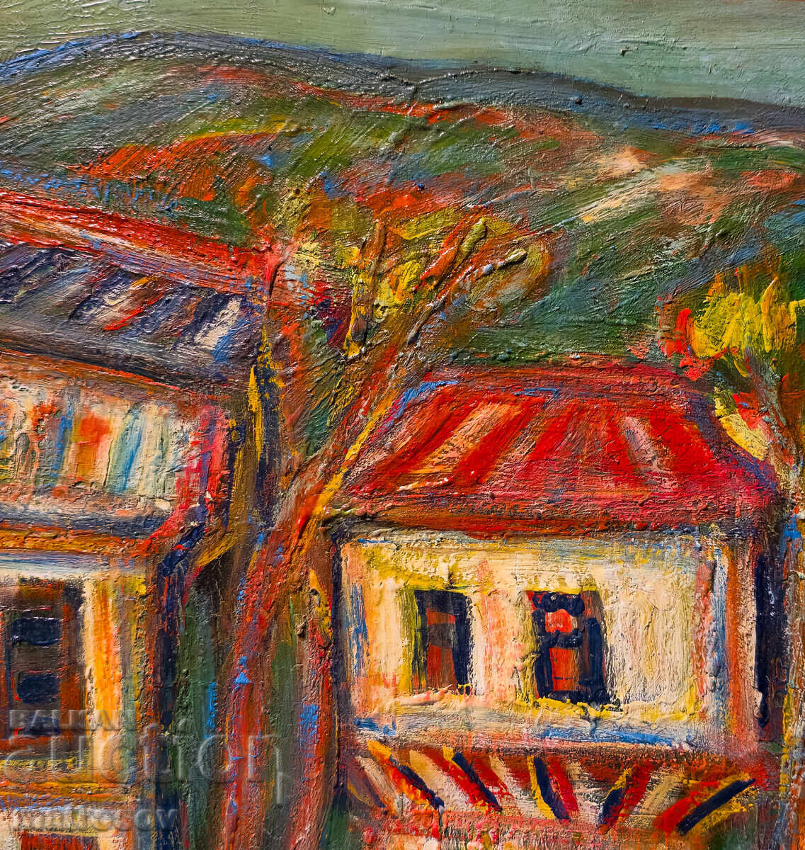 Έργο ζωγραφικής, ελαιογραφία, τοπίο με σπίτια - 6