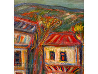 Tablou, ulei pe pânză, peisaj cu case