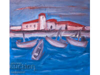 Tablou, ulei, peisaj marin, bărci