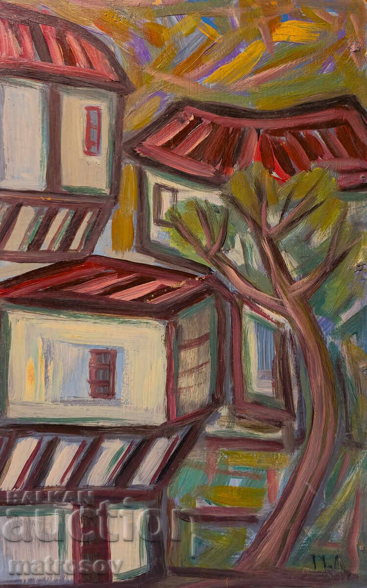 Έργο ζωγραφικής, ελαιογραφία, τοπίο με αναγεννησιακά σπίτια με τιμή 240.00 BGN | € 122.71