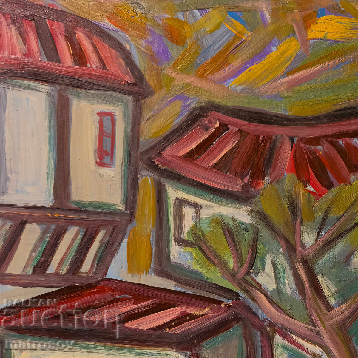 Παράδοση Έργο ζωγραφικής, ελαιογραφία, τοπίο με αναγεννησιακά σπίτια