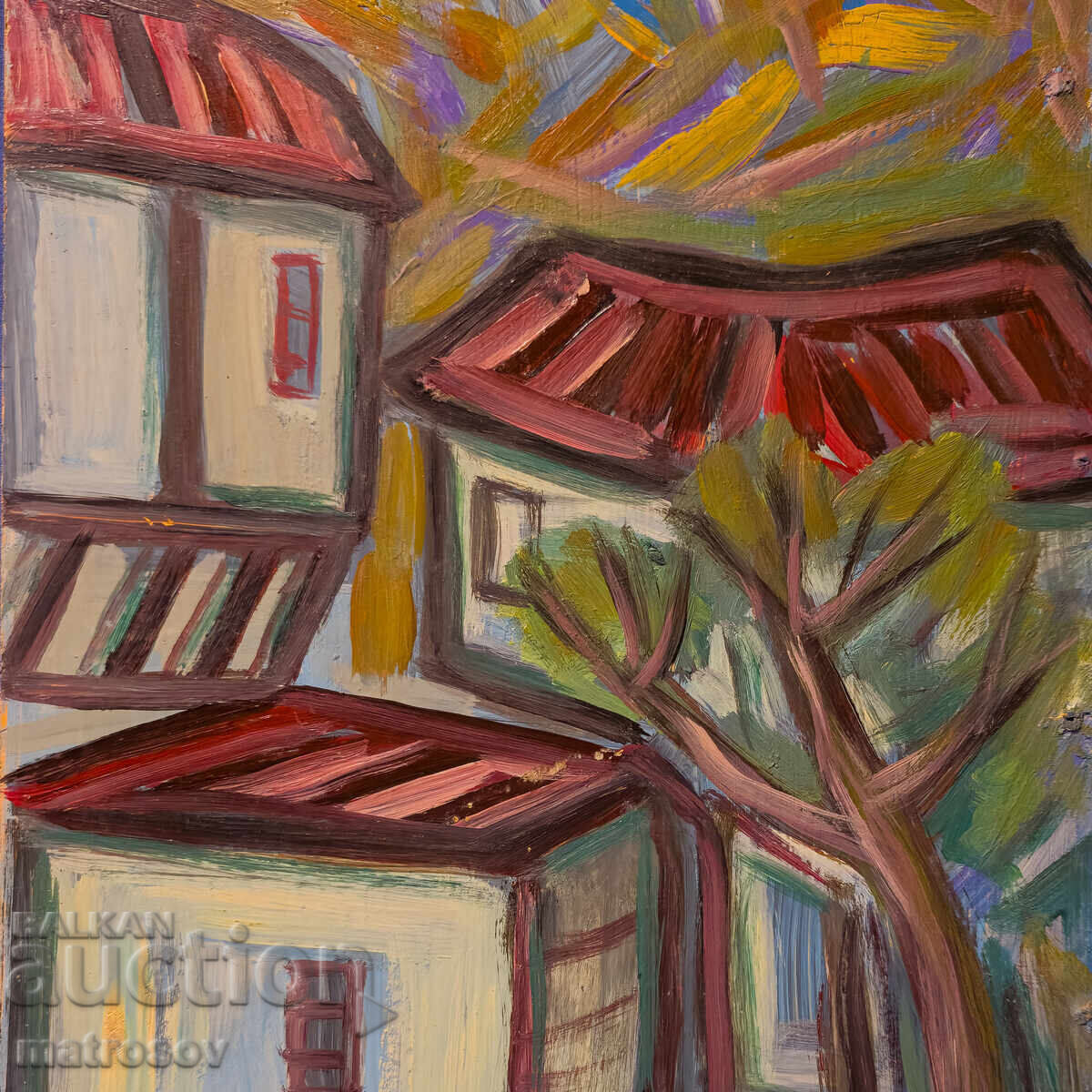 Έργο ζωγραφικής, ελαιογραφία, τοπίο με αναγεννησιακά σπίτια - 6