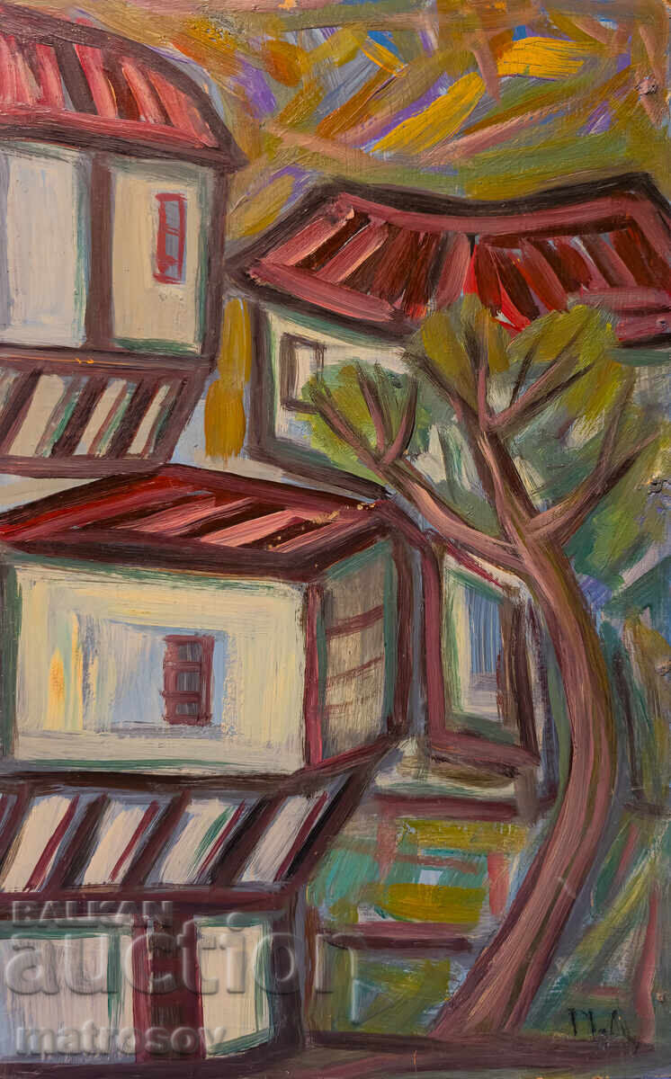 Έργο ζωγραφικής, ελαιογραφία, τοπίο με αναγεννησιακά σπίτια