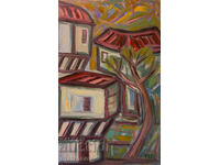 Painting, oil paints, landscape with Revival houses