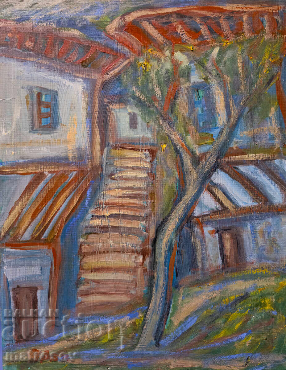 Auction  Painting, oil paints, landscape with Revival houses