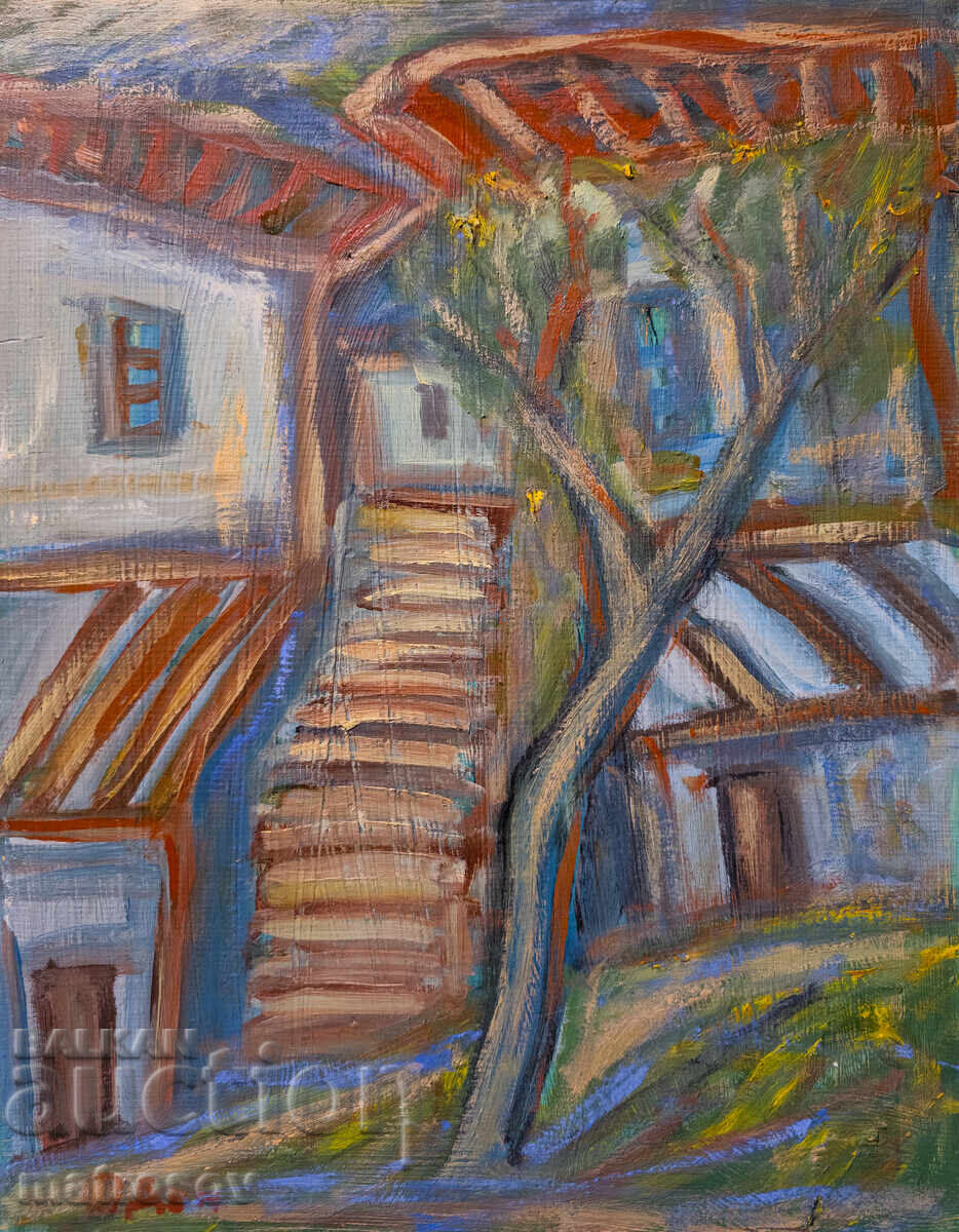 Painting, oil paints, landscape with Revival houses