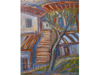 Tablou, ulei pe pânză, peisaj cu case din perioada Renașterii Naționale