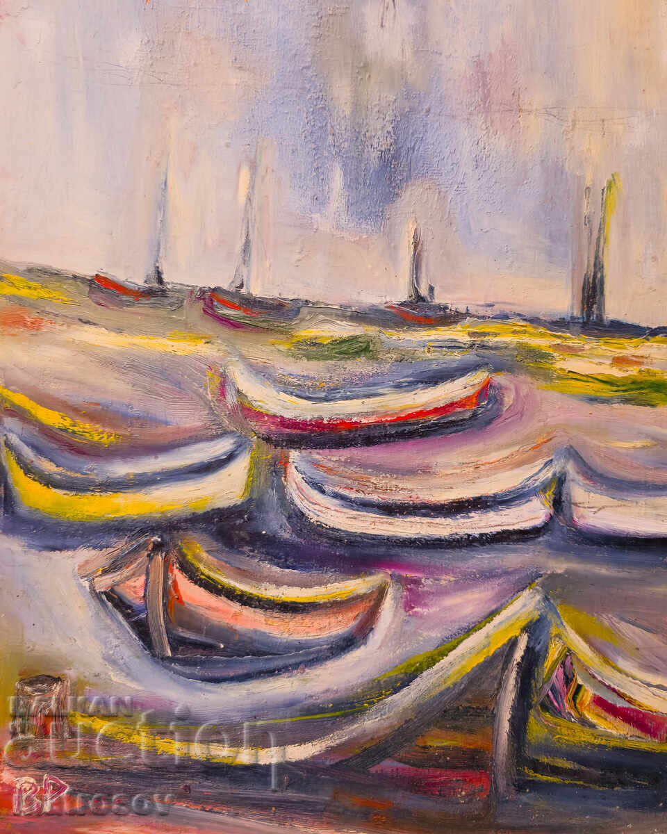 Valentin Radenovski, pictură în ulei, peisaj marin cu bărci cu preț € 178.95 | 350.00 BGN Valentin Radenovski, pictură în ulei, peisaj marin cu bărci cu preț € 178.95 | 350.00 BGN