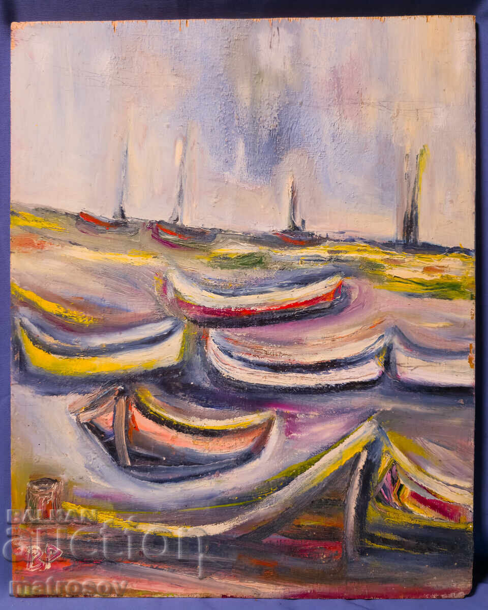 Licitație Valentin Radenovski, pictură în ulei, peisaj marin cu bărci Licitație Valentin Radenovski, pictură în ulei, peisaj marin cu bărci