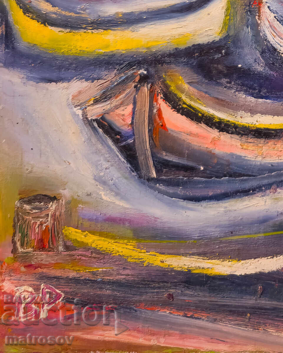 Livrarea Valentin Radenovski, pictură în ulei, peisaj marin cu bărci Livrarea Valentin Radenovski, pictură în ulei, peisaj marin cu bărci