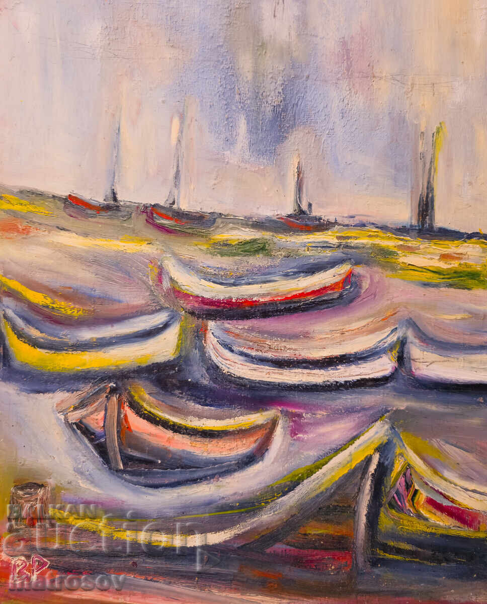 Valentin Radenovski, oil painting, seascape with boats