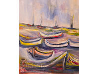 Valentin Radenovski, oil painting, seascape with boats